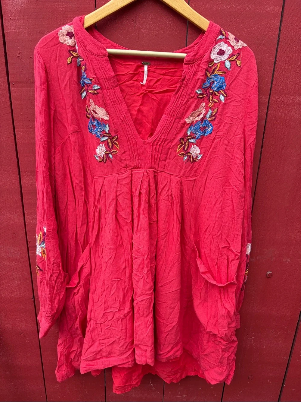 Free People Mia Gauze Embroidered mini dress in Vibrant Coral Pink